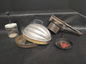 lot 490 image: Antique Ricer, Chopper, Food Mold with Base and Aluminum Mini Skillet