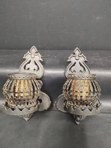 lot 546 image: Iron Lantern Pair with Amber Glass, 6.5 x 10.5