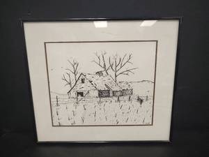 lot 558 image: Hand Drawn Framed Pen and Ink Barn Scene, 15 x 13