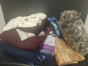 lot 574 image: Assorted Lot, Wool and Fleece Blankets, Panda Material, Pattern with Stuffing, Rug and More