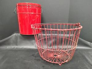 lot 600 image: Vintage Red Metal Egg Basket and Popcorn Tin