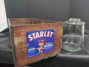 lot 644 image: Vintage Starlet Wooden Crate and Glass Container with Lid