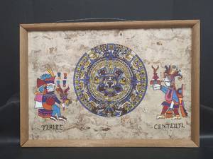 lot 645 image: Signed Aztec Sun Calendar with Tlaloc and Centeotl Hand Painting on Amate Paper by Roberta Hernandez Oaxaca, 23 x 16