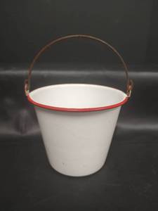 lot 653 image: White Enamelware Bucket with Red Rim, 7 diam x 6 tall