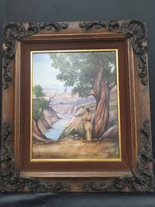 lot 669 image: Native American in Canyon Landscape Oil Painting with Ornate Frame, 27 x 30.5
