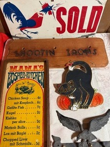 lot 36 image: Vintage Wall Art - Metal Sold ChickenEagle Hook, Wood Kosher KitchenShootin Irons and Cat