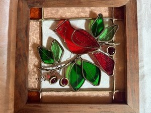 lot 41 image: Stained Glass Cardinal in Wood Frame
