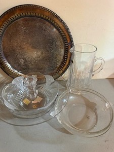 lot 101 image: Val Saint Lambert Crystal Candle Holder, Mikasa Crystal Bowl, Atlantis Crystal Pitcher, Academy Silver on Copper Platter