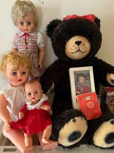 lot 114 image: NOT Scary Vintage Dolls, Various ConditionsOriginal Hair and a Large Bear, Bonus Clothes