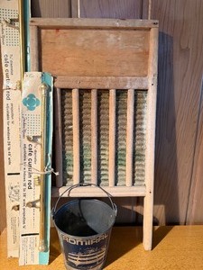 lot 143 image: Cafe Curtain Rods, Wash Board, Wood Signs and Metal Bucket