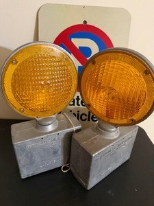 lot 300 image: Vintage Metal No Parking Metal Sign and Industrial Lights