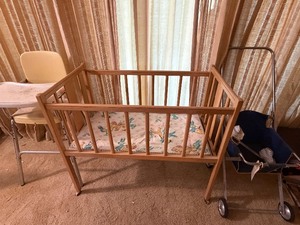 lot 301 image: Vintage Metal High Chair, Crib and Stroller