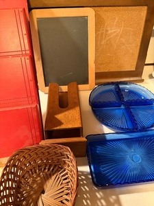 lot 189 image: Vintage Items from Around the Kitchen, Mail Sorter, Chalk Board, Blue Serving Dishes and More