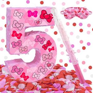 lot 1102 image: Pink Bow 5th Birthday Decorations, 15.75inch Bow Number 5 Piata with Blindfold Stick and Confetti for Pink Bow Birthday Party Supplies (5)