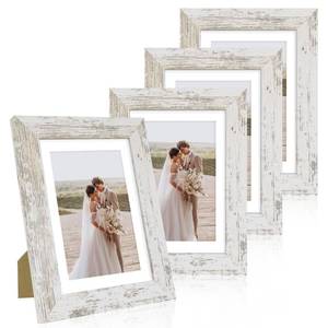 lot 1107 image: Hongkee 5x7 Picture Frame Set of 4, Made of Real Glass and Distressed White Wooden Frame, 5 by 7 Photo for Wall or Tabletop - Display Picture 4x6 with Mat or 5x7 Without Mat
