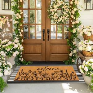 lot 1116 image: Tinideya 2 Pcs Summer Door Mat 17inx47in Wildflowers Welcome Non Slip Spring Coir Mats Black White Plaid Large Floor Layering Flowers Doormats for Front Porch Entryway Decor