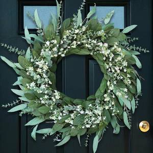 lot 1962 image: 26ftft Eucalyptus and Babys Breath Flowers Wreath for Front Door - Large Artificial Greenery Outdoor Wreath for Porch,Window,Farmhouse,Home,Hanging Decor- Spring, Summer, All Seasons (Green-White)