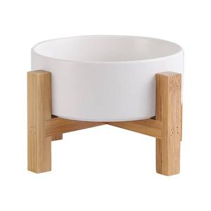 lot 1981 image: Elevated Ceramic Cat Bowl - Cat Food Bowl with Bamboo Stand - Raised Dog Dish for Puppies - Anti Vomiting, Stress Free - 13.5 oz  400 ml - White