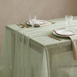 lot 2001 image: Horaldaily White Pearl Grass Green Gauze Tablecloth 6084 Inch Rectangular, Spring Summer Tulle Lace Cheesecloth, Bridal Shower Table Cover for Wedding Birthday Table Decor