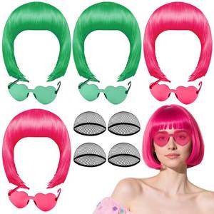 lot 2034 image: PLULON 4 Pcs Colorful Bob Wigs with Heart Plastic Sunglasses Hair Cap for Women Men, Hot Pink Green Neon Short Bob Wig Colored Funny Cosplay Hair for Daily Bachelorette Halloween Costume Party Decor