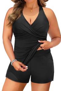 lot 2452 image: Daci Plus Size Tankini Swimsuit for Women - Two Piece Tummy Control Bathing Suit Tankini Top with Two Pockets Shorts Black XL