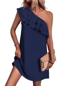 lot 2480 image: Floerns Womenfts One Shoulder Tiered Layered Sleeveless Ruffle Trim Tunic Dress Deep Blue XX-Large