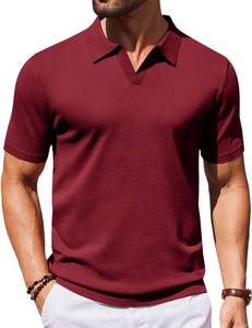 lot 2496 image: COOFANDY Mens Polo Shirts Stretch Causal V Neck Vintage Knit Shirt Short Sleeve Old Money Clothes (Wine Red, Medium)