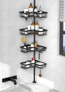 lot 3199 image: KEGII Corner Shower Caddy Tension Pole - Shower Tension Rod Organizer, Floor to Ceiling Shower Caddy 25-114.2 inch, Towel Rack Corner Waterproof, Black