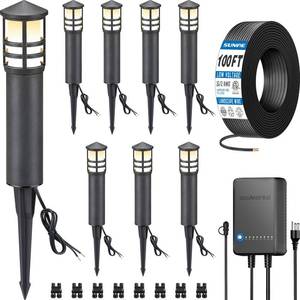 lot 3203 image: SUNVIE All-in-One LED Landscape Lighting Kit, 8-Pack Low Voltage Pathway Lights with Transformer and 100FT 162 AWG Wire, 3000K Waterproof Landscape Lights with Connectors for Walkway Garden Yard