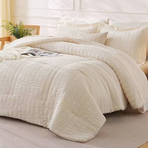 lot 3213 image: FreshCulture Comforter Set Seersucker 5 Pieces, All Season Bedding Set Twin XL, Bed in a Bag Comforter Set with Comforter, Flat Sheet, Fitted Sheet, Pillowcase and Pillow Sham, Cream