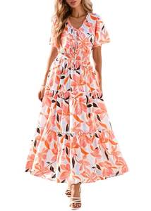 lot 4062 image: KIRUNDO Spring Summer Wedding Guest Dresses for Women 2026 Boho Floral Short Sleeve V Neck Ruffle Tiered Flowy Maxi Dress(Orange, Large)