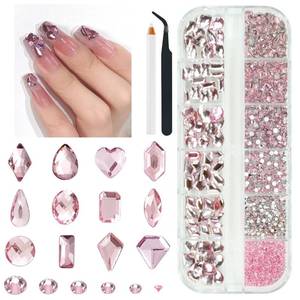 lot 4066 image: qiipii 2052Pcs Pink Nail Rhinestones Light Pink Rhinestones for Nails 72 Multi Shapes Big Gems 1980 Flatback Round Beads K9 Glass Crystals Diamonds Jewels Nail Charms Nail Art for Nails Faces Makeup