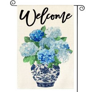 lot 4087 image: AVOIN colorlife Spring Hydrangea Floral Welcome Garden Flag 12x18 Inch Double Sided Outside, Blue and White Chinoiserie Seasonal Yard Outdoor Flag