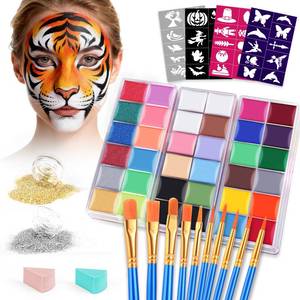 lot 4113 image: VESPRO Face Painting Kit For Adult Party,32 Colors Professional Oil FaceandBody Paint Kit with 10 Brushes 4 Reusable Face Stencils,2 Glitters and 2 Sponges for Adults Halloween Makeup