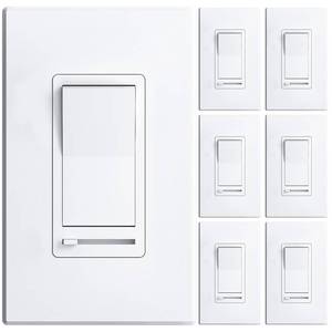 lot 4122 image: Amico 6 Pack Dimmer Light Switch, Single-Pole or 3-Way Slide Dimmer Switches for Led Lights, Suitable for 150W Dimmable LEDCFL and 600W IncandescentHalogen, Wall Plate Included, ETL Listed, White