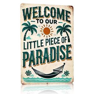 lot 4143 image: ASTRDECOR Welcome to Our Little Piece of Paradise Tin Sign � Tropical Vintage Metal Wall Decor, Beach House Summer Wall Art for Outdoor, Patio, Pool, Bar, Home, Yard, Garden Decoration 8x12 Inch