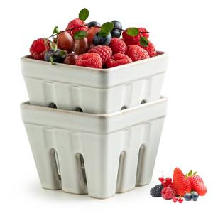 lot 4159 image: Gomakren Ceramic Berry Basket Set of 2, Square Fruit Bowl with Holes, Small Fruit Basket Containers for Kitchen Counter, Berries, Strawberry, Grape, Cherry, White