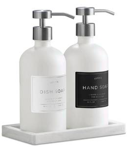 lot 4165 image: Glass Soap Dispenser Set of 2 (White) with Silicone Tray  Hand and Dish Soap Dispenser for Kitchen and Bathroom  16.8 Oz Glass Bottles with Stainless Steel Pump and 15 Waterproof Labels (WhiteSilver)