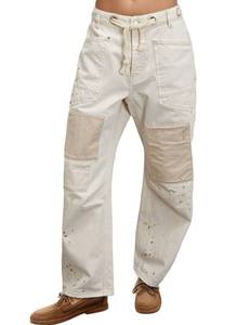 lot 6020 image: Mewunan Barrel Jeans for Women Mid-Low Rise Y2k Baggy Boyfriend Jeans with Pockets Ankle Denim Pants White