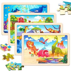 lot 6032 image: Wooden Puzzles for Kids Ages 4-6, 24 Pieces Dinosaur, Undersea, Wildlife, Farm Jigsaw Puzzles for Kids Ages 3-5. 4 Pack Toddler Puzzles Toys for Boys and Girls Ages 3,4,5,6 Year Old