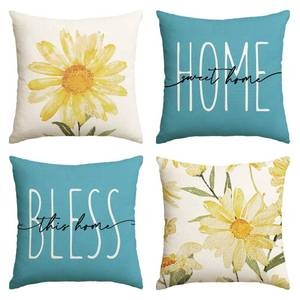 lot 6426 image: AVOIN colorlife Home Sweet Home Spring Summer Flowers Yellow Throw Pillow Covers, 20 x 20 Inch Blue Cushion Case for Sofa Couch Set of 4