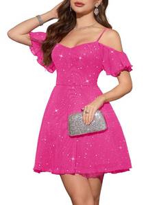 lot 6455 image: Meetjen Womens Short Prom Dress Party Off the Shoulder V Neck Sequin Sparkly Bridesmaid Graduation Formal Mini Teen Dresses Glitter Hot Pink L