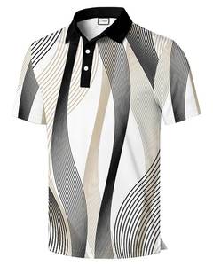 lot 6483 image: COOLLYME Menfts Polo Shirt, Short Sleeve, Geometric Striped Pattern, Black White Beige,Regular Fit size 2XL used