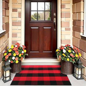 lot 6496 image: OLANLY Buffalo Plaid Rug 2ft x 3ft (24in x 36in) � Red and Black Cotton Checkered Doormat, Washable Indoor Outdoor Rug for Layered Front Porch, Kitchen, Entryway Decor