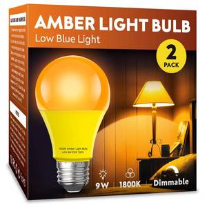 lot 6497 image: mfxmf Amber Sleep Light Bulb 2 PackDimmable 1800K Warm Light Bulbs for Healthy Sleep,Blue Light Blocking,A19 9W(60W Equivalent) E26 Base Amber Light Bulbs for Bedroom, Baby Nursery Room