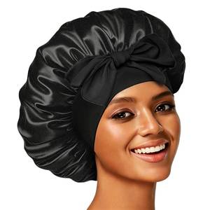 lot 10081 image: Confvrter Silk Bonnet Satin Bonnet for Sleeping Large Bonnets with Tie Band Hair Wrap with Adjustable Straps Hair Cap for Women Curly Black