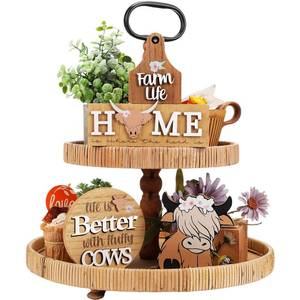 lot 10102 image: Suzile 4 Pcs Highland Cow Tiered Tray Decoration Wooden Farmhouse Tiered Tray Decorative Cow Centerpieces for Tables Home Kitchen