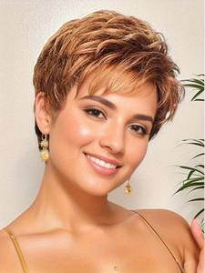 lot 10124 image: TISHINING Short Orange Red Mixed Blonde Highlight Pixie Cut Wigs for White Women Natural Wavy Synthetic Short Hair Wig with Bangs Natural Looking Layered Pixie Red Wigs for Women