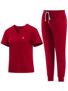 lot 10144 image: Eadflie Medical Scrubs Set for Women - Classic V-Neck Top and Jogger Pants with Stretch Nursing Uniform Scrub Suit - (RedL)
