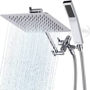 lot 10150 image: G-Promise All Metal 8 Inch Dual Square Shower Head with Handheld Spray Combo, Rain Shower Head, Adjustable Extension Arm, Smooth 3-Way Diverter, 71 Inch Extra Long Hose - A Bathroom Upgrade (Chrome)